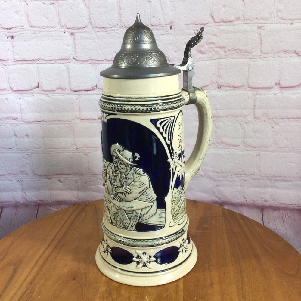 Vintage German Cobalt Blue Handled Lidded Stein